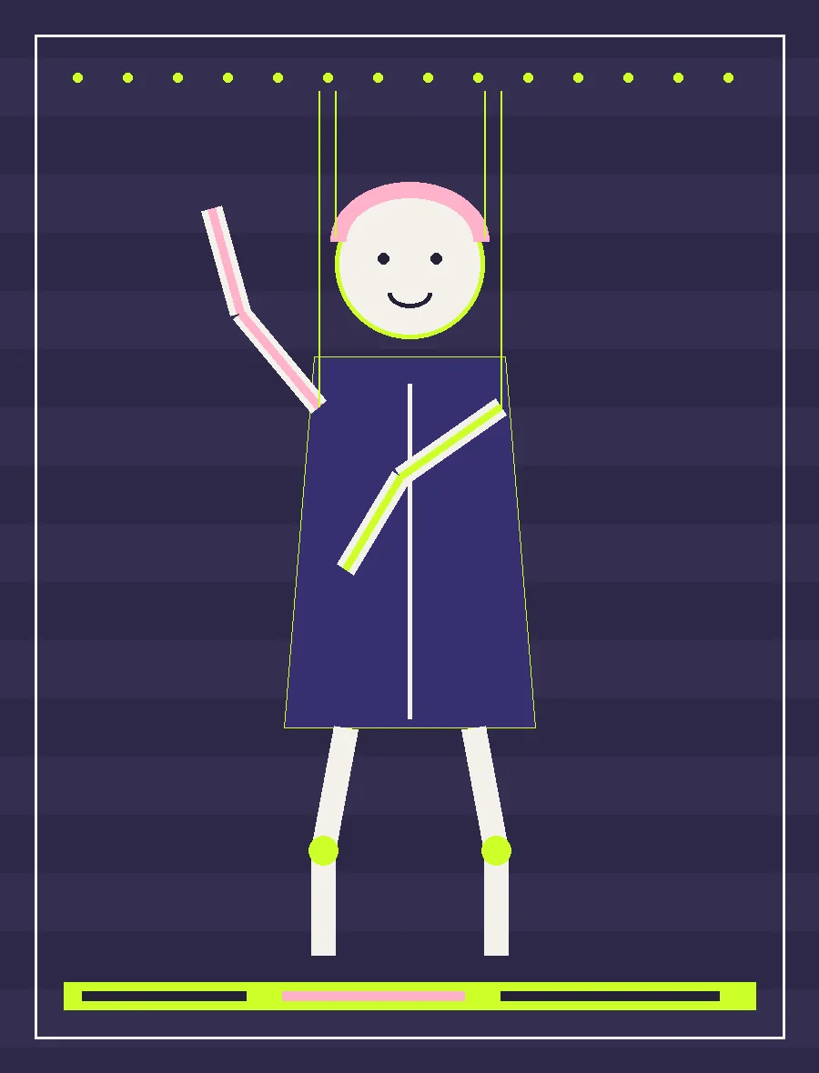 Graphic puppet study with articulated arms against an indigo stage backdrop
