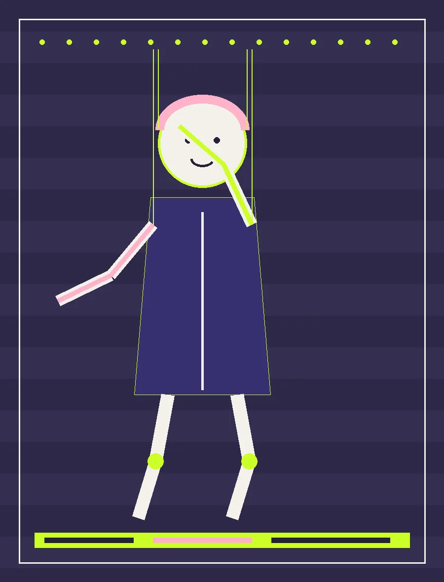 Puppet pausing with one hand extended